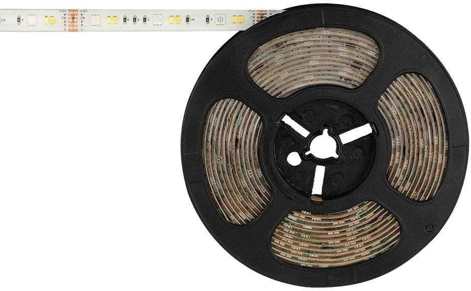 V-tac 15W/m LED juosta, RGB+3IN1, IP65, 5 metrų ritė, su nuotolinio valdymo pulteliu, valdikliu ir užmaitinimu
