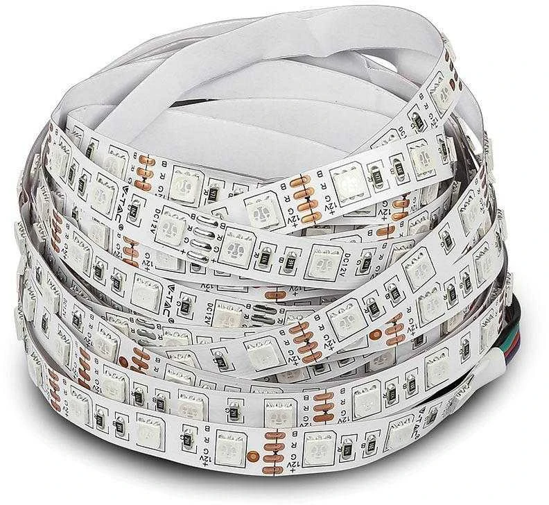 V-tac 10 W/m LED juosta 5metrų (nekarpoma), SMD5050, 60 LED/m, neatspari drėgmei (IP20), RGB, EU jungiklis