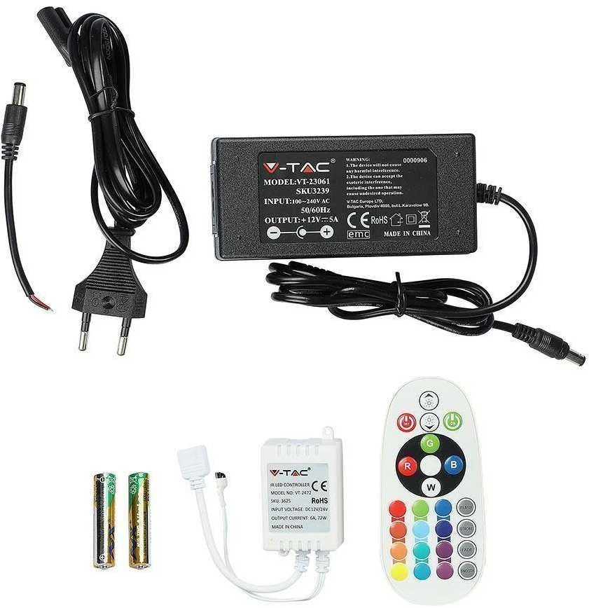 V-tac 10 W/m LED juosta 5metrų (nekarpoma), SMD5050, 60 LED/m, neatspari drėgmei (IP20), RGB, EU jungiklis