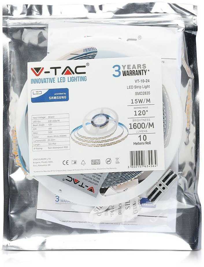15W LED juosta V-TAC, 24V, 2835, 4500K(natūraliai balta), IP20, SAMSUNG LED chip