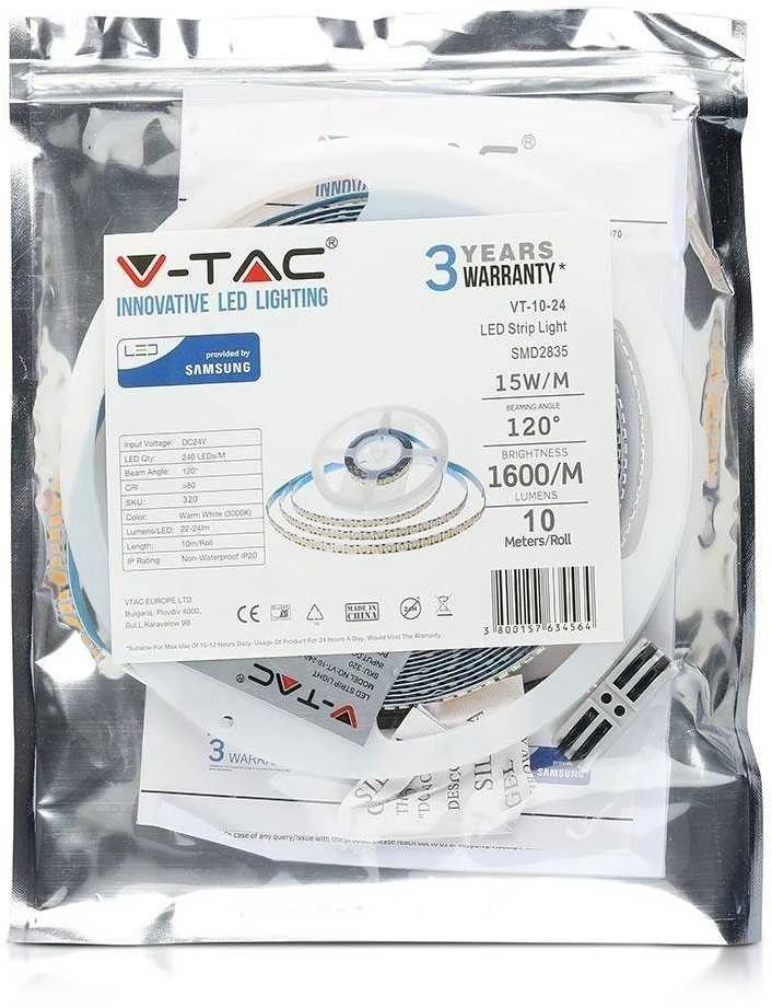 15W LED juosta V-TAC, 24V, 2835, 6500K(šaltai balta), IP20, SAMSUNG LED chip, 10 metrų ritė