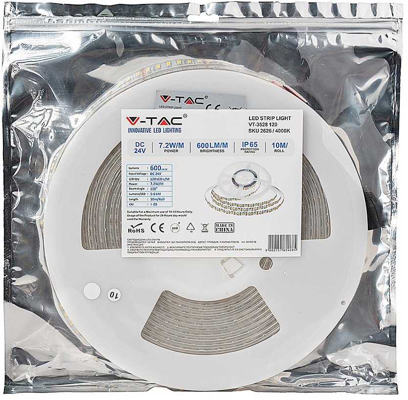 7,2W LED juosta V-TAC, 4000K, IP65, kaina nurodyta už 1m