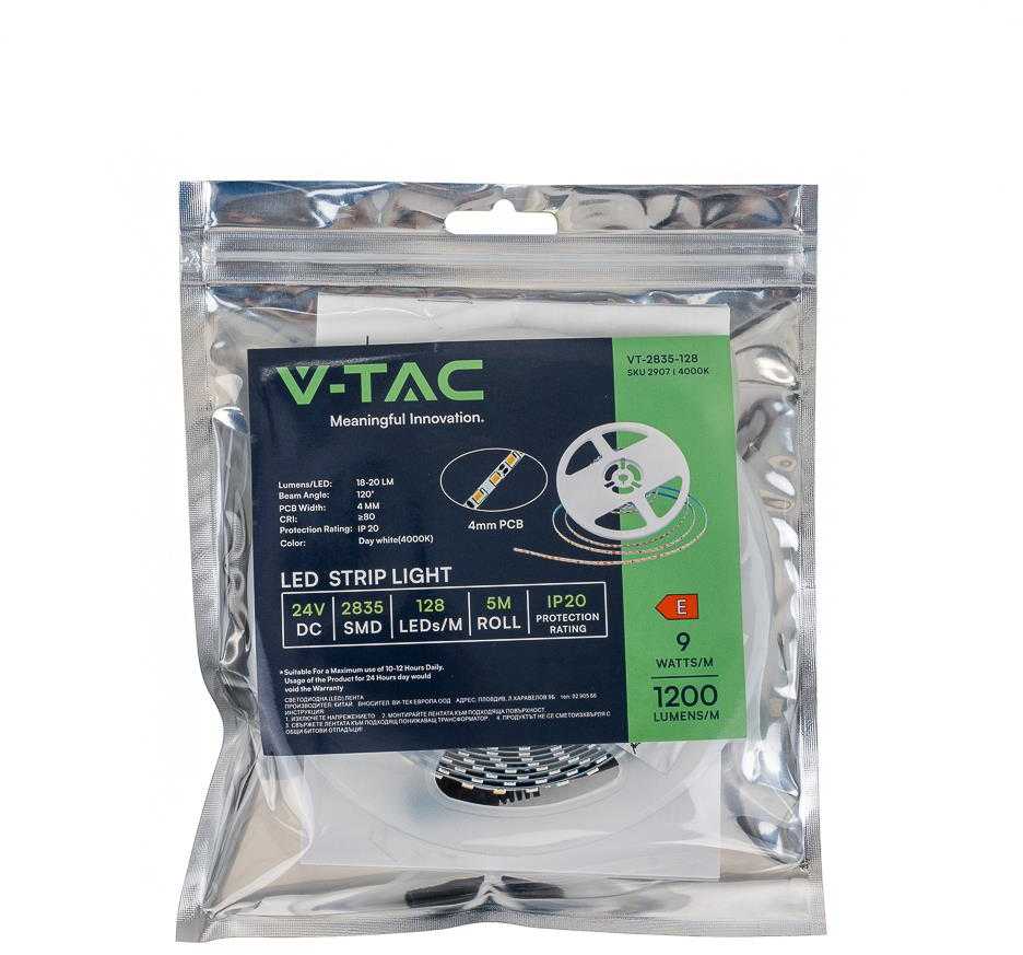 LED juostelė V-TAC SMD2835 128LED 24V IP20 plotis 4mm VT-2835 128 3000K 1200lm