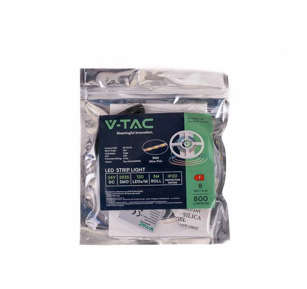 V-tac 8W/m LED juosta, 120LED/m, 24V, 6500K, 5 metrų ritė