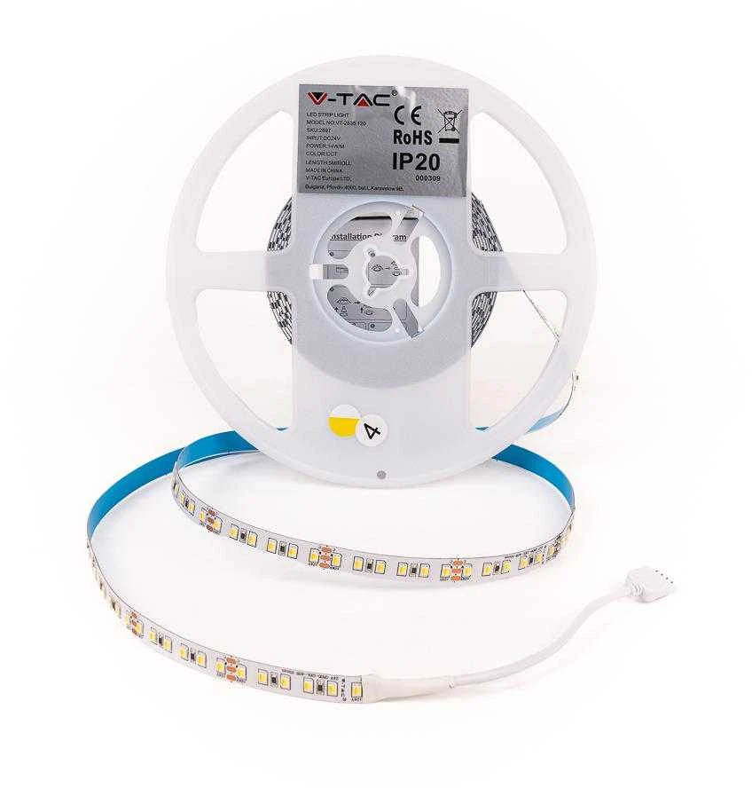 V-tac 14W/m LED juosta, 120LED/m, 24V, 3000-6000K, IP20, 5 metrų ritė