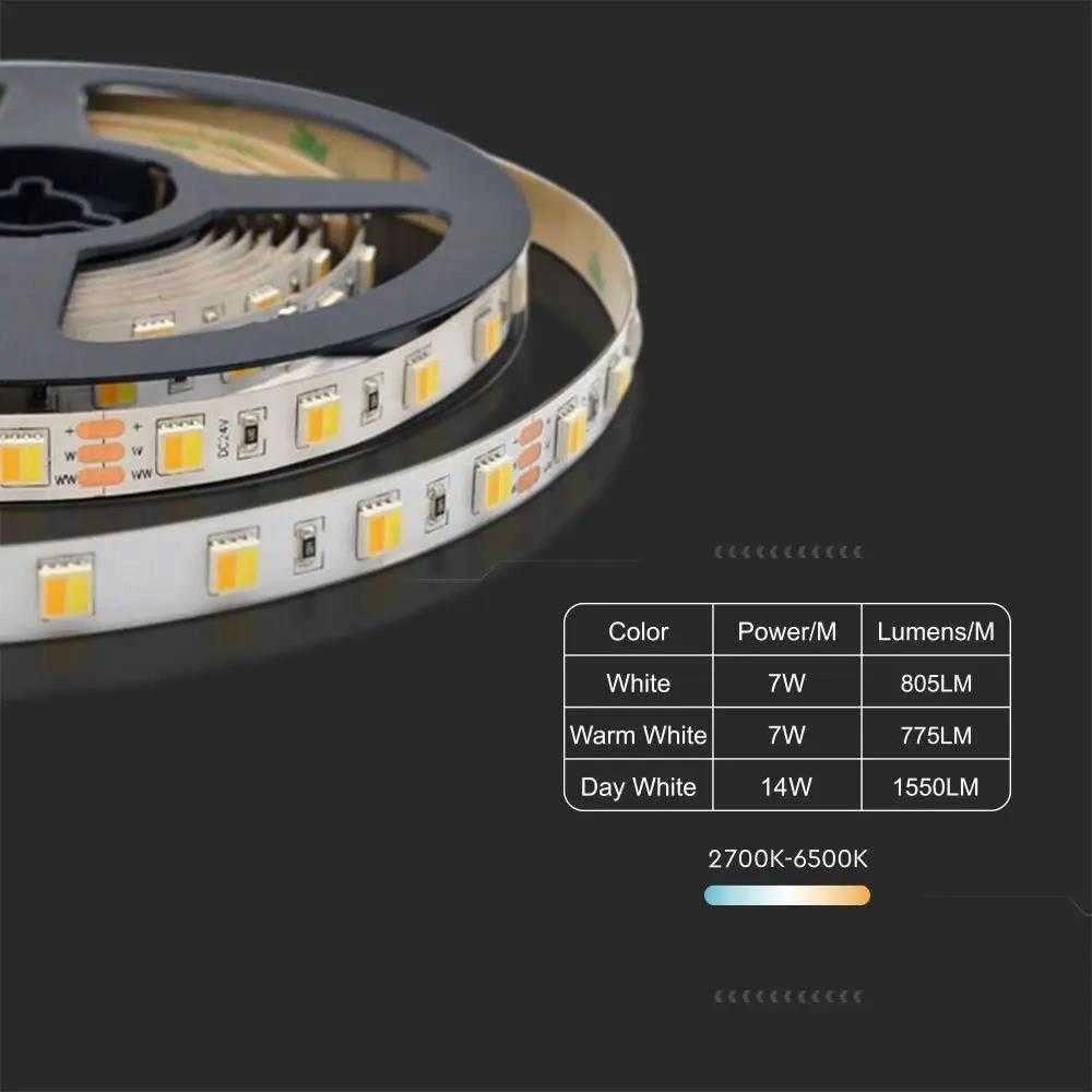 V-tac 14W/m LED juosta, 120LED/m, 24V, 3000-6000K, IP20, 5 metrų ritė