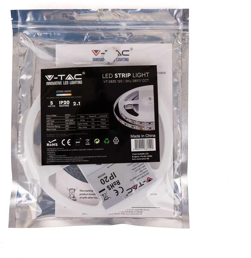 V-tac 14W/m LED juosta, 120LED/m, 24V, 3000-6000K, IP20, 5 metrų ritė