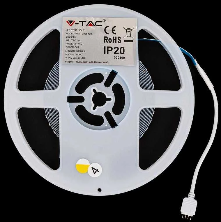 V-tac 14W/m LED juosta, 120LED/m, 24V, 3000-6000K, IP20, 5 metrų ritė