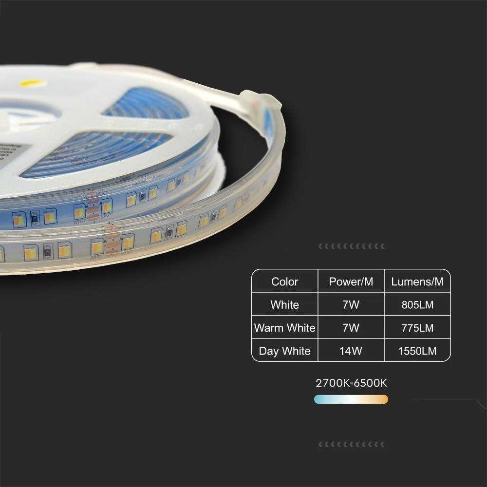 V-tac 14W/m LED juosta, 120LED/m, 24V, 3000-6000K, IP65, 5 metrų ritė