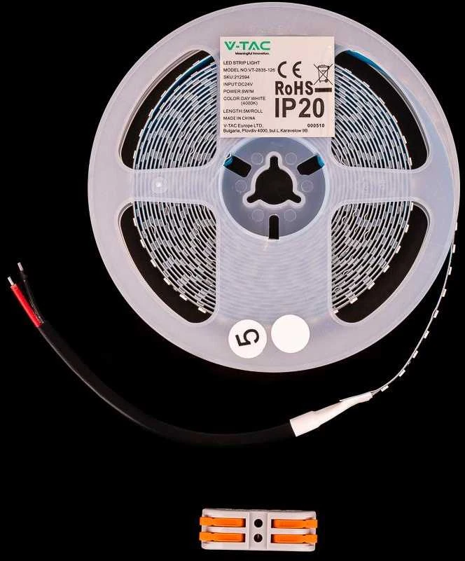 V-tac 8W/m LED juosta, 4000K, 126 LED/m, 24V, 5 metrų ritė