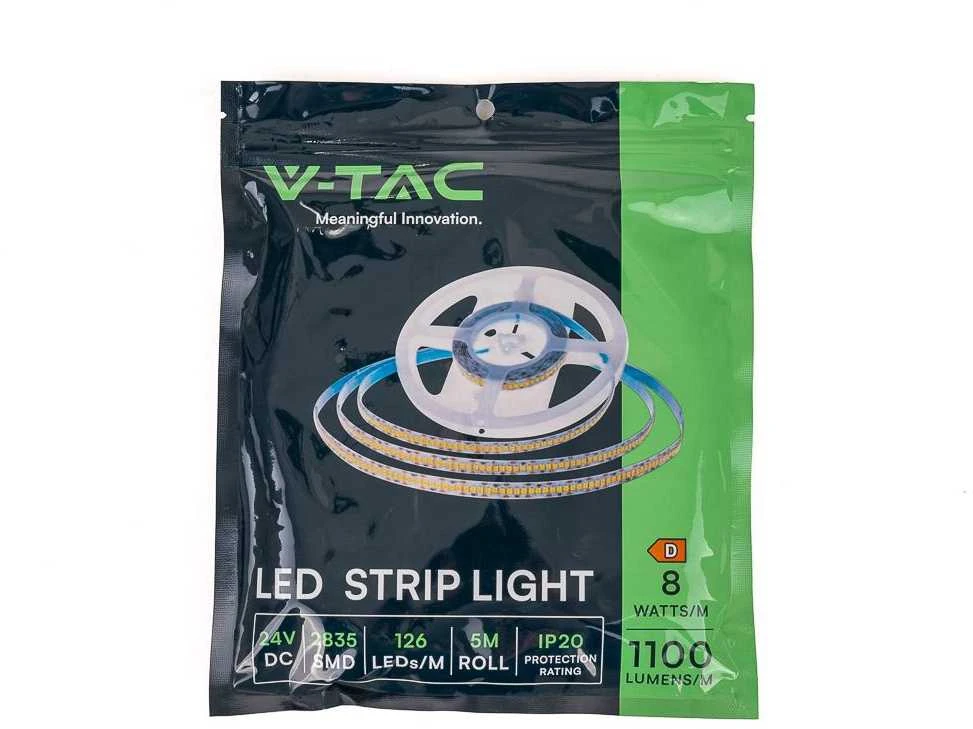 V-tac 8W/m LED juosta, 4000K, 126 LED/m, 24V, 5 metrų ritė