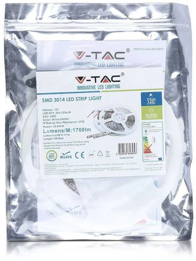 LED juosta 20 W/m V-TAC, 3014, 204LED/m (3000K) šiltai balta, neatspari drėgmei