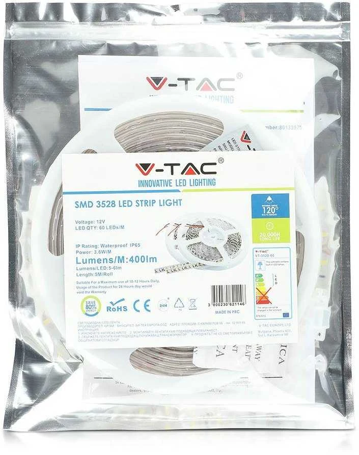 3,6 W/m LED juosta V-TAC, 3528, 60 LED/m, žalia, atspari drėgmei (IP65)