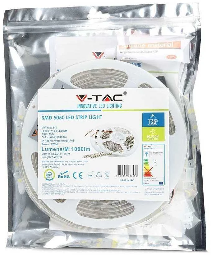 V-tac 10W/m LED juosta, 24V, 60LED/m, IP65, 6500K, 5 metrų ritė