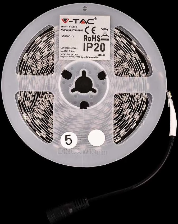 V-tac 11W/m LED juosta, 60LED/m, žalia sp., IP20, 5 metrų ritė