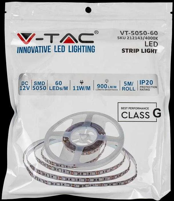 V-tac 11W/m LED juosta, 60LED/m, 12V, 3000K, 5m ritė