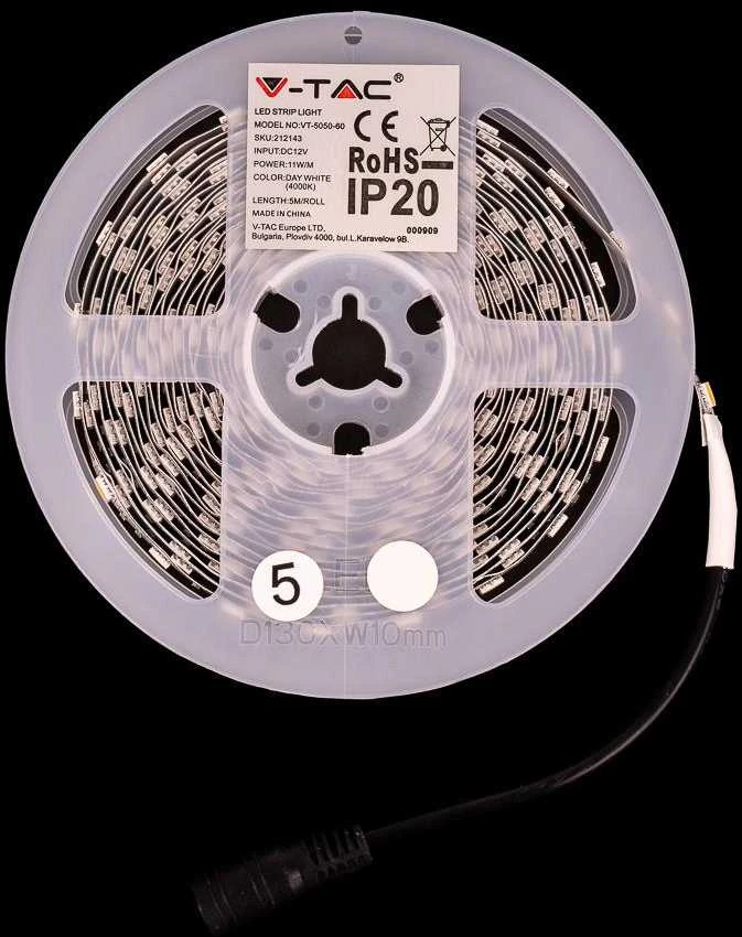 V-tac 11W/m LED juosta, 60LED/m, 12V, 3000K, 5m ritė