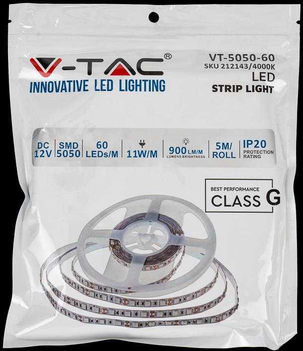 V-tac 10,8W/m LED juosta, 60LED/m, IP20, 2200K, 5 metrų ritė