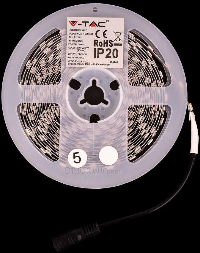 V-tac 10,8W/m LED juosta, 60LED/m, IP20, 2200K, 5 metrų ritė