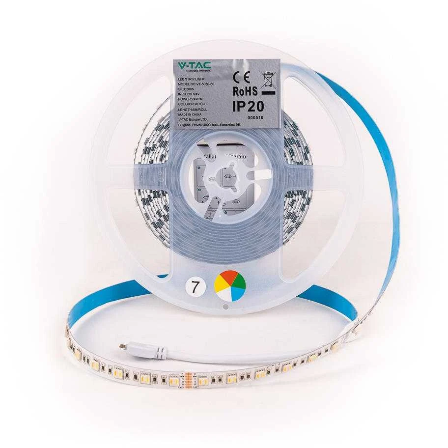 V-tac 24W/m LED juosta, 60LED/m, 24V, 3IN1+RGB, IP20, 5 metrų ritė