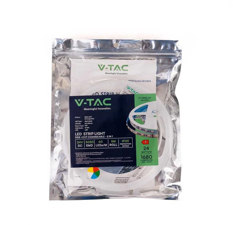 V-tac 24W/m LED juosta, 60LED/m, 24V, 3IN1+RGB, IP20, 5 metrų ritė