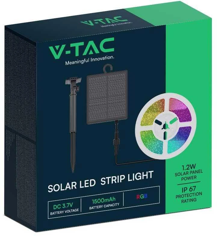 V-tac 1,2W/m LED juosta, RGB, IP67, 5m, su saulės baterija, nuotolinio valdymo pulteliu ir montavimo priedais