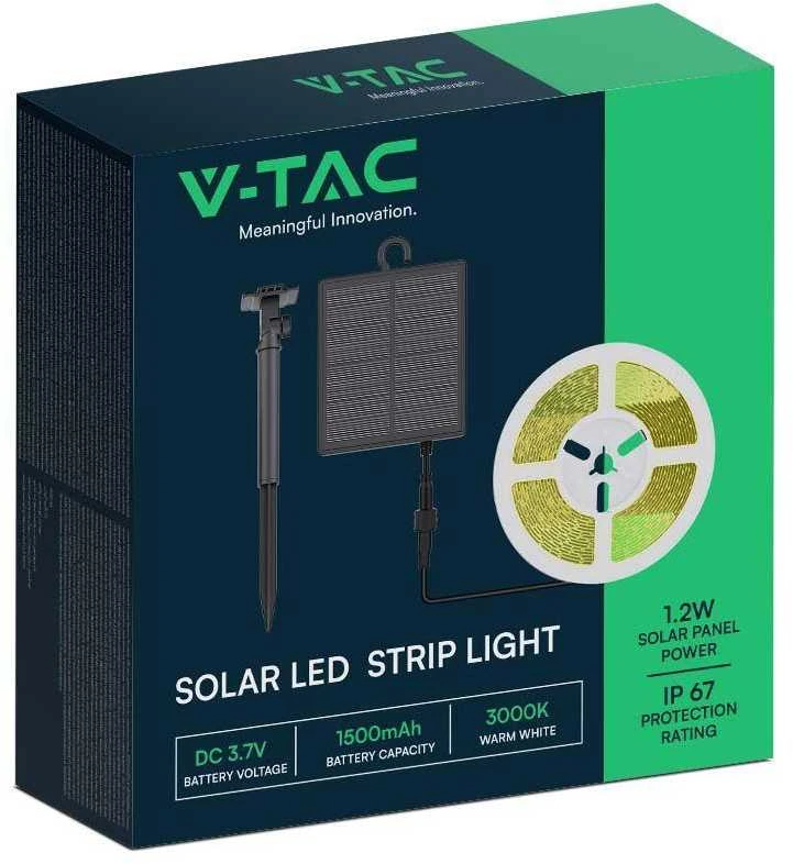 V-tac 1,2W/m LED juosta, 4000K, IP67, 5m, su saulės baterija, nuotolinio valdymo pulteliu ir montavimo priedais