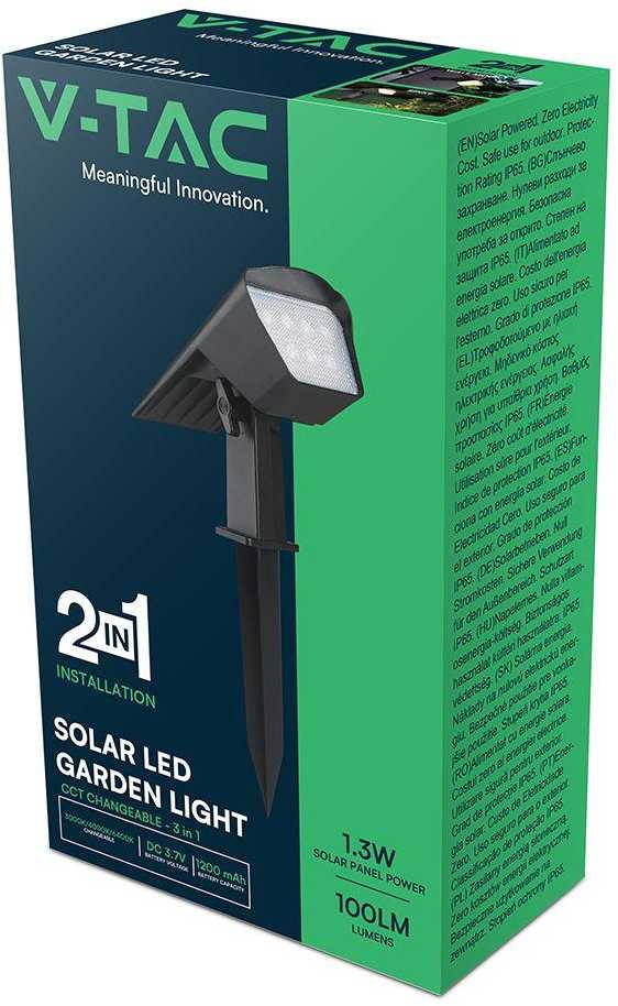 Sieninis šviestuvas V-tac 1,3W LED įsmeigiamas/sieninis lauko šviestuvas, juodas, 3000/4000/6400K, su saulės baterija