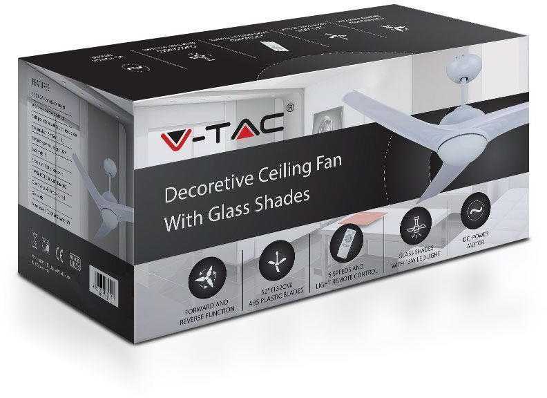 Lubinis šviestuvas V-tac 35W lubų ventiliaturius su 15W LED šviestuvu, baltas, su nuotolinio valdymo galimybe
