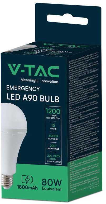 V-tac 15W LED lemputė, E27, A90, 4000K, su baterija
