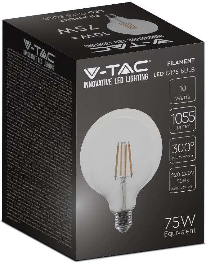 V-tac 10W LED filamentinė lemputė, G125, E27, 6500K