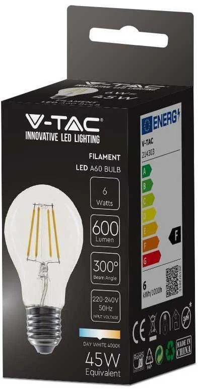 V-tac 6W LED filamentinė lemputė, E27, A60, 4000K