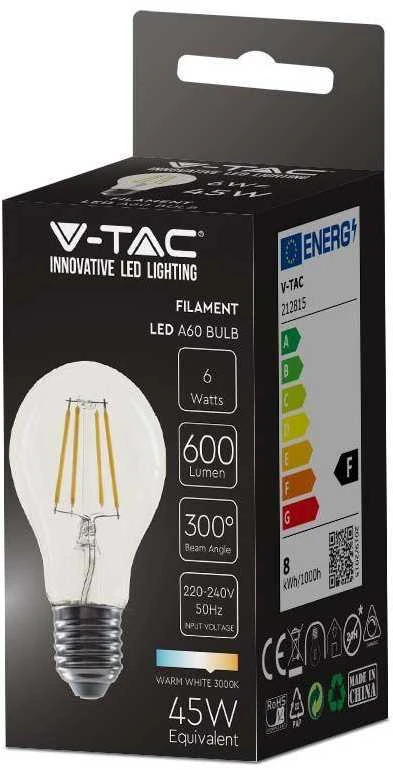 V-tac 6W LED filamentinė lemputė, E27, A60, 3000K