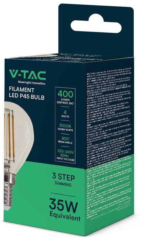 V-tac LED lemputė su gijomis, 74 BBD, 4 W, rutulinė, P45, E14, 3 paspaudimai, reguliuojama šviesos srauto temperatūra, VT-2604, 3000 K, 400 lm