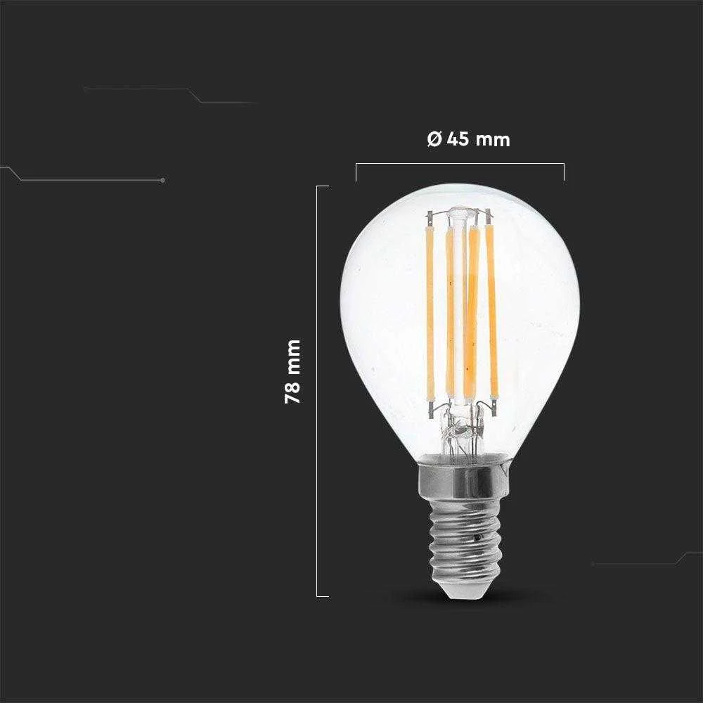 V-tac LED lemputė su gijomis, 74 BBD, 4 W, rutulinė, P45, E14, 3 paspaudimai, reguliuojama šviesos srauto temperatūra, VT-2604, 3000 K, 400 lm