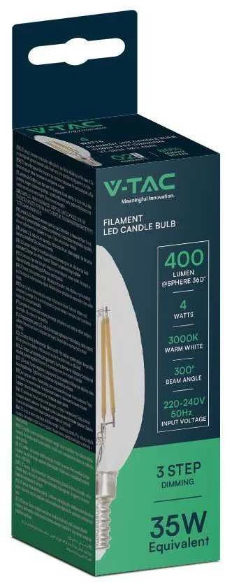 LED filamentinė V-TAC lemputė 4W žvakė C37 E14 3xClick reguliuojamo ryškumo VT-2804 3000K 400lm