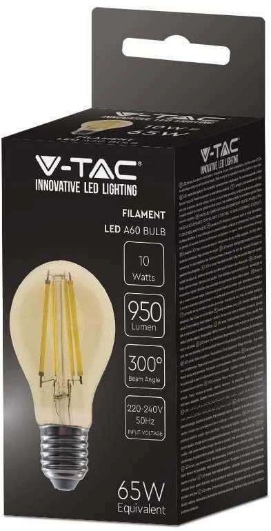 V-tac 10W LED filamentinė lemputė, E27, A60, 2200K, gintaro sp.