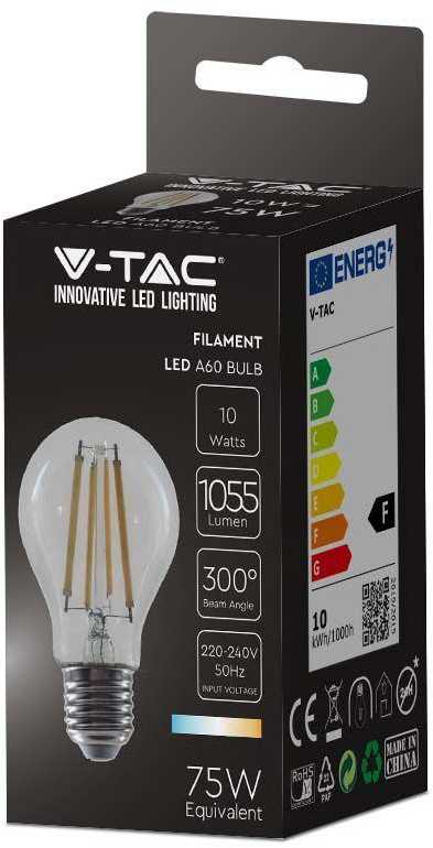 V-tac 10W LED filamentinė lemputė, E27, A60, 6500K