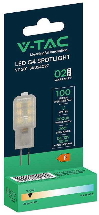 V-tac 1,1W LED lemputė, G4, 3000K, 300°