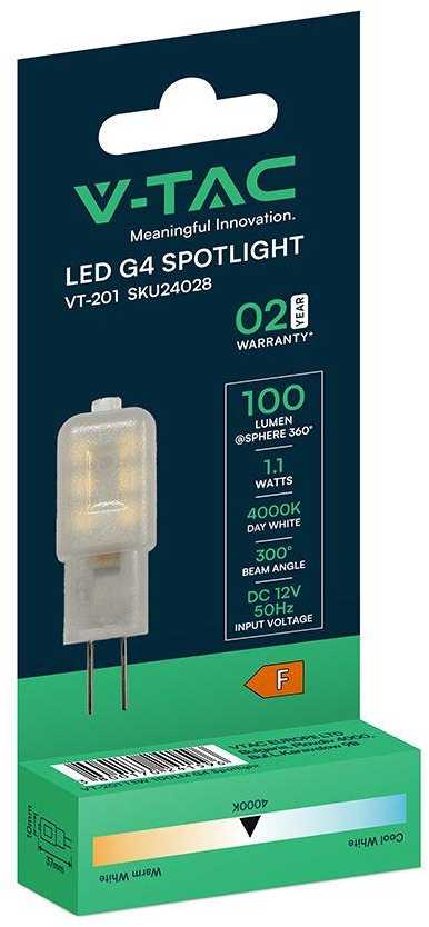 V-tac 1,1W LED lemputė, G4, 4000K, 300°
