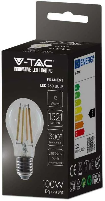V-tac 12W LED filamentinė lemputė, E27, A60, 3000K