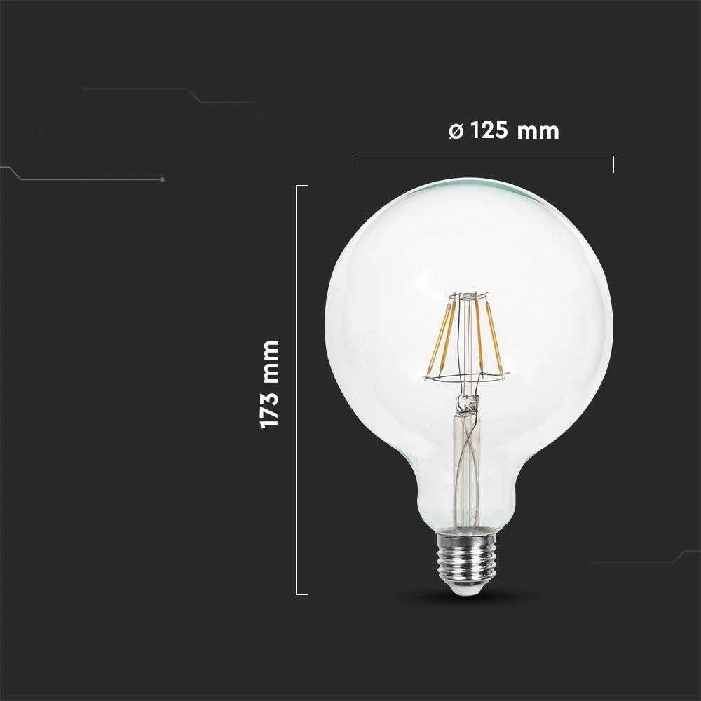 V-tac 12W LED filamentinė lemputė, E27, G125, skaidri, 4000K