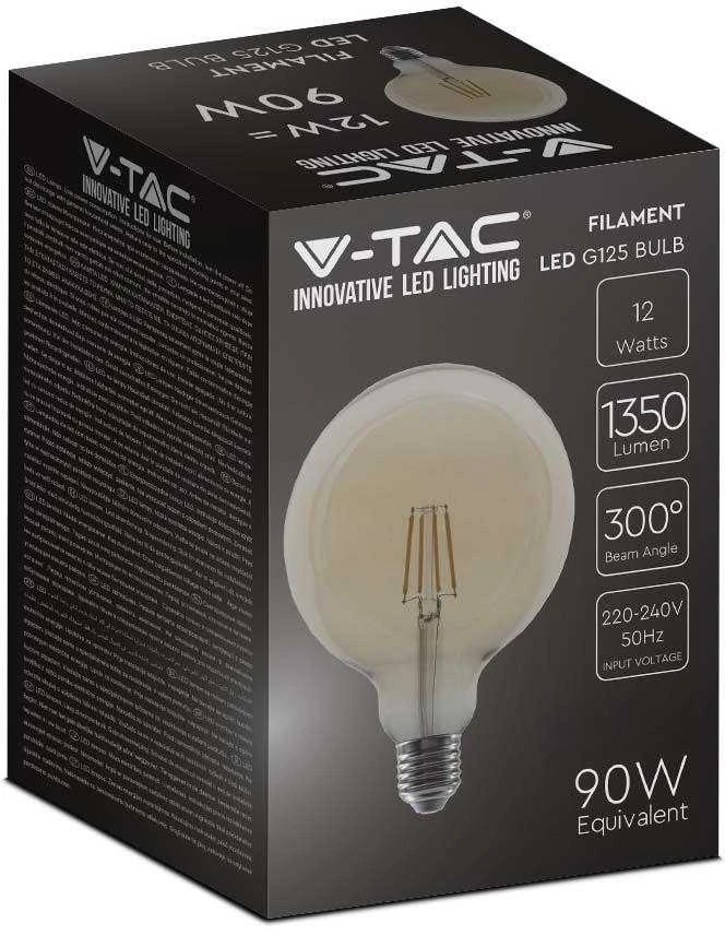 V-tac 12W LED filamentinė lemputė, G125, E27, gintaro sp. stiklu, 2200K