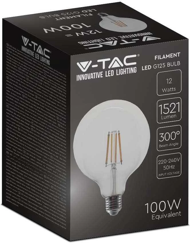V-tac 12W LED filamentinė lemputė, G125, E27, skaidriu stiklu, 3000K
