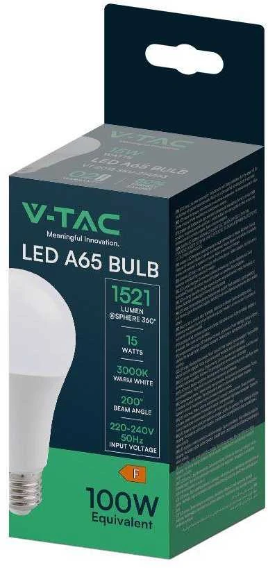 V-tac 15W LED lemputė, A65, E27, termoplastinė, 3000K
