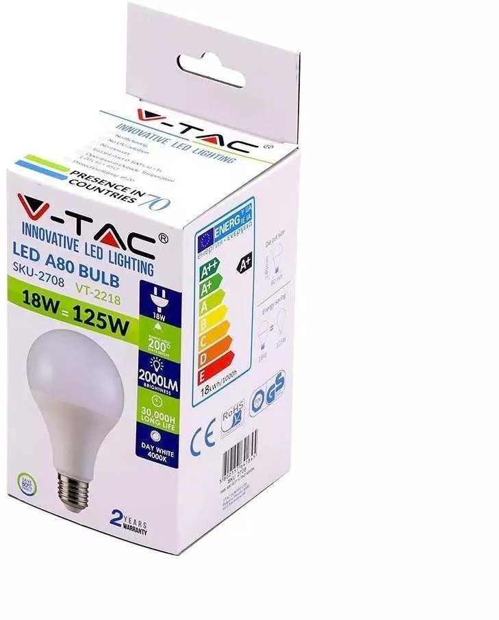 18W SMD LED lemputė V-TAC, E27, A80, 3000K (šiltai balta)