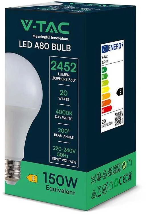 V-tac 20W LED lemputė, A80, E27, termoplastinė, 4000K, 200°