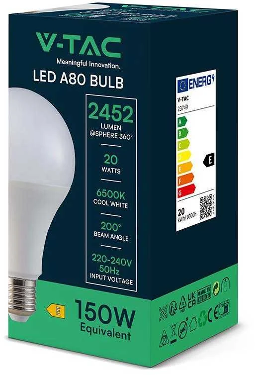 V-tac 20W LED lemputė, A80, E27, termoplastinė, 6500K, 200°