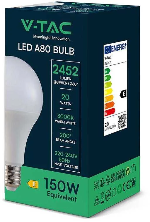 V-tac 20W LED lemputė, A80, E27, termoplastinė, 3000K, 200°
