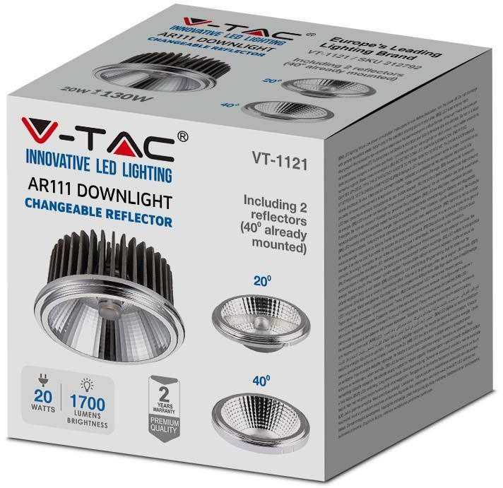 V-tac 20W LED lemputė, AR111, 6400K, keičiamas reflektorius 40°/20°